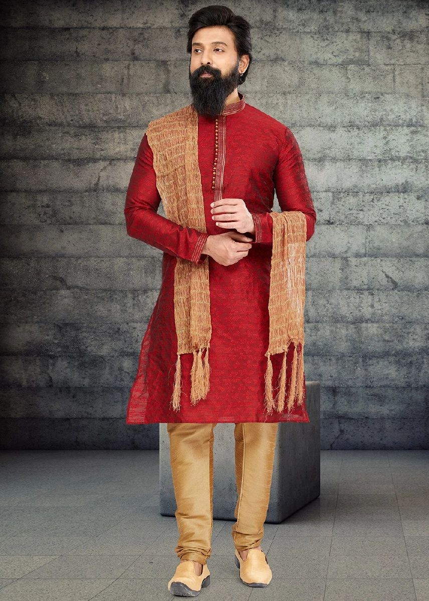 Red Woven Kurta Pajama For Mens, 36-1.webp